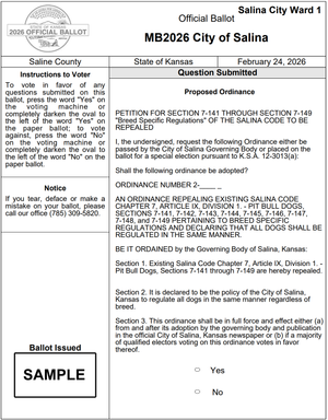 Sample Ballot: February 24 Special Election to Determine Future of Salina’s Breed-Specific Dog Regulations